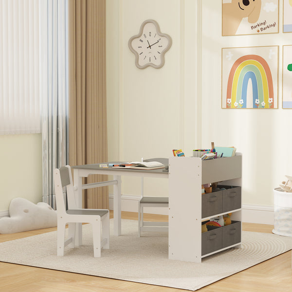 Ensemble table et chaises pour enfants avec étagères de rangement et tiroirs, gris