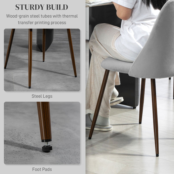 Lot de 6 chaises de salle à manger rembourrées  en velours avec dossier et pieds en acier effet bois pour cuisine, gris