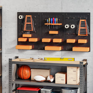 Organisateur mural d’outils avec 3 panneaux, 9 bacs, 5 supports et 16 crochets – Noir et orange