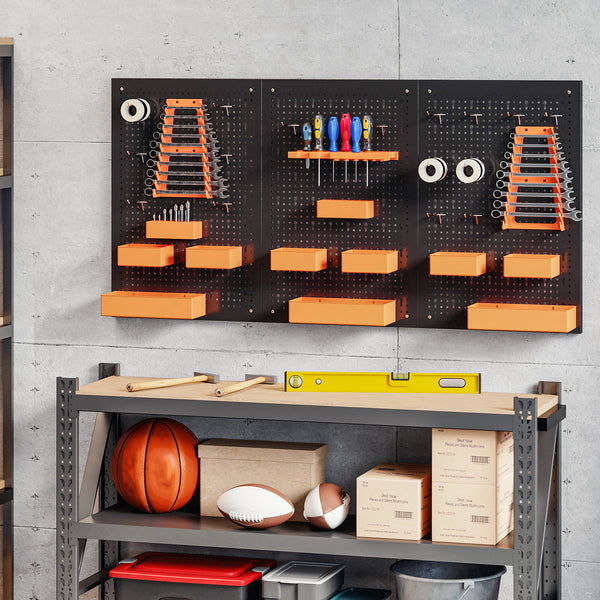 Organisateur mural d’outils avec 3 panneaux, 9 bacs, 5 supports et 16 crochets – Noir et orange