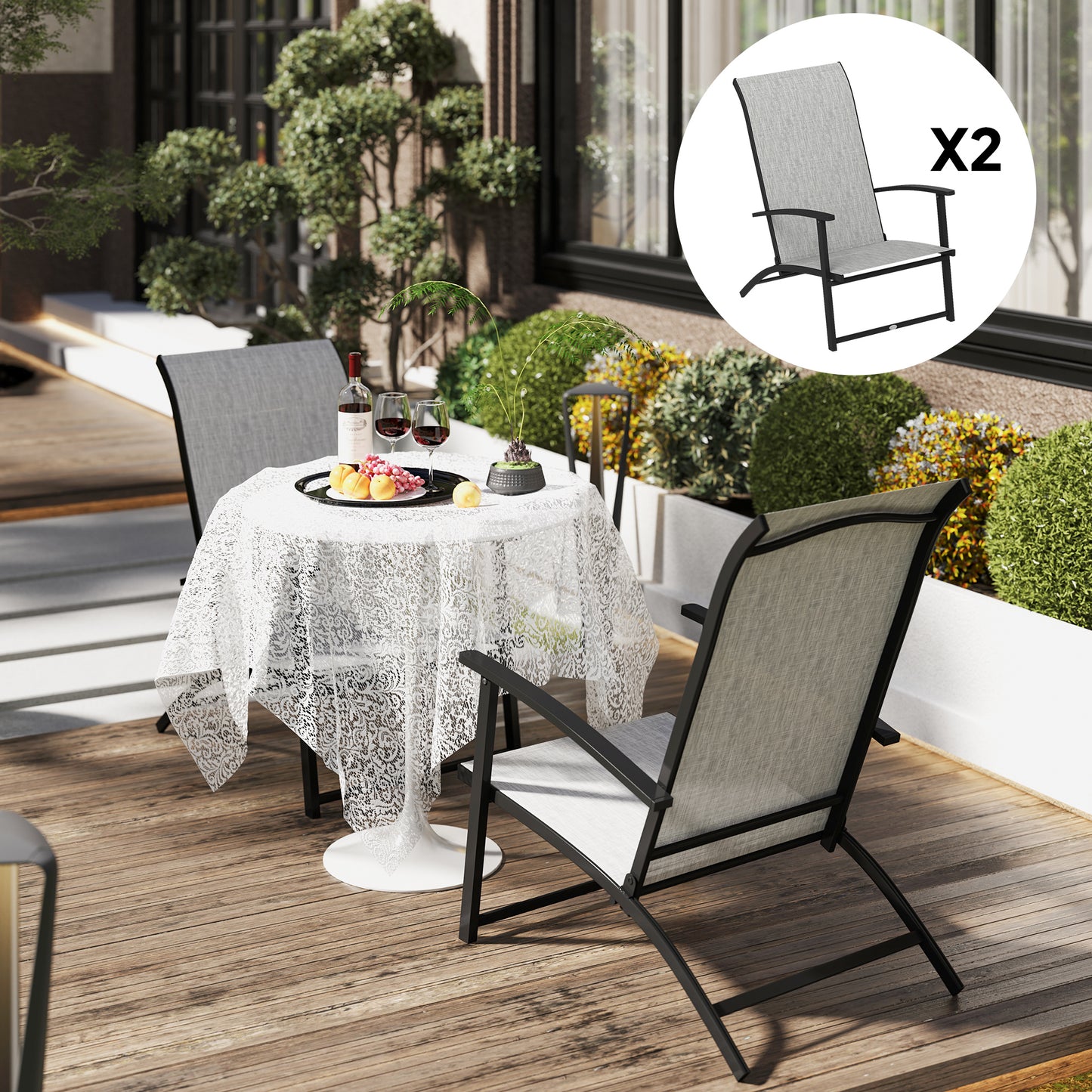 Outsunny Set of 2 Folding Garden Chairs, Outdoor Folding Chairs with Armrests, High Back for Balcony, Grey