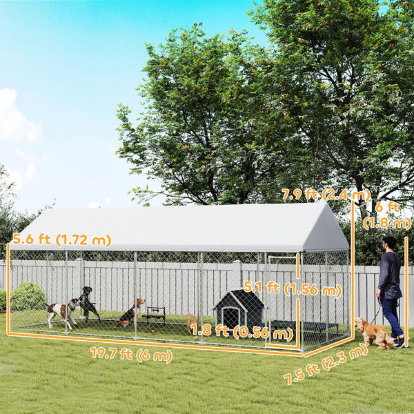 Heavy-Duty Outdoor Dog Kennel with Waterproof Cover, Safety Latch, Wire Mesh Pen, 6m x 2.3m x 2.4m