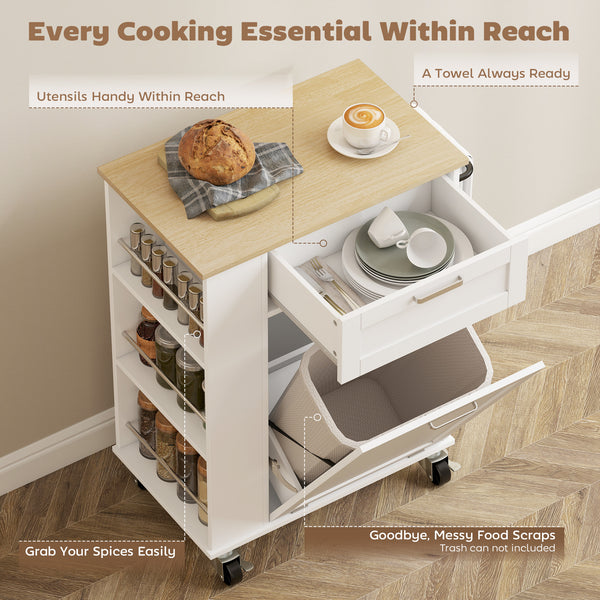 Îlot de cuisine mobile avec compartiment basculant pour poubelle, tiroir et rangement