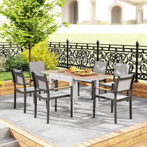 Extendable Patio Dining Table, Aluminum Frame Outdoor Patio Table with Faux Wood Top for Garden Backyard, Natural Wood