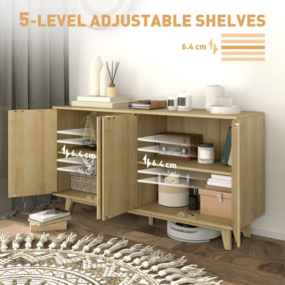 HOMCOM fluted sideboard, 140 cm bar cabinet, 4 doors, 2 adjustable shelves, 5 wooden legs, natural wood