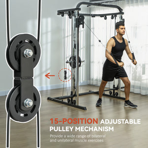Machine à squat 3 en 1 avec système de câbles croisés, station de traction, rack à squats à 16 niveaux et barre d'haltères