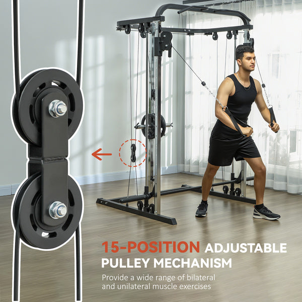 Machine à squat 3 en 1 avec système de câbles croisés, station de traction, rack à squats à 16 niveaux et barre d'haltères