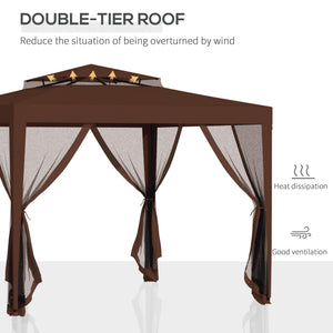 10' x 10' Outdoor Canopy Tent Party Tent with Mesh Netting and Double Tier Roof for Backyard, Garden, Patio, Brown