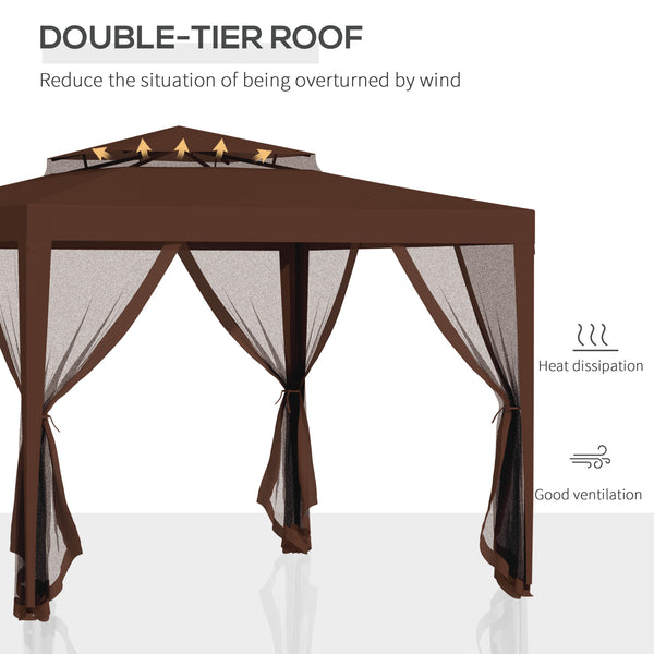 10' x 10' Outdoor Canopy Tent Party Tent with Mesh Netting and Double Tier Roof for Backyard, Garden, Patio, Brown