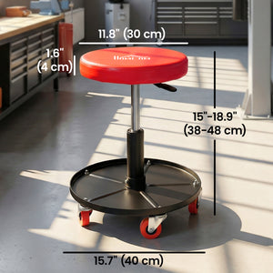 Tabouret de mécanicien ajustable avec roulettes et plateau de rangement pour outils, rouge
