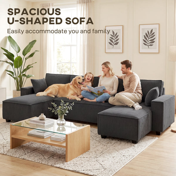 U-shaped modular corner sofa with double chaise longue and spring cushions, dark grey