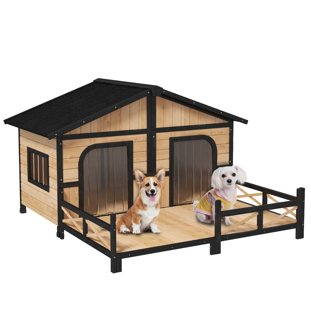 Wooden kennel in cabin style with terrace, beige