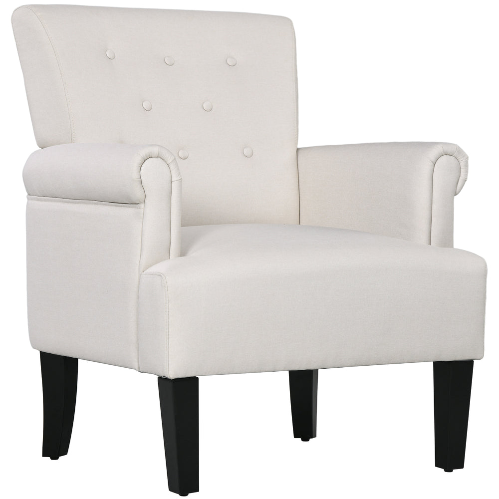 Fauteuil d'appoint en tissu avec pieds en bois et accoudoirs arrondis, blanc crème