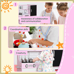 Cuisine enfant avec tableau noir, machine à glaçons, téléphone, évier et micro-ondes, rose