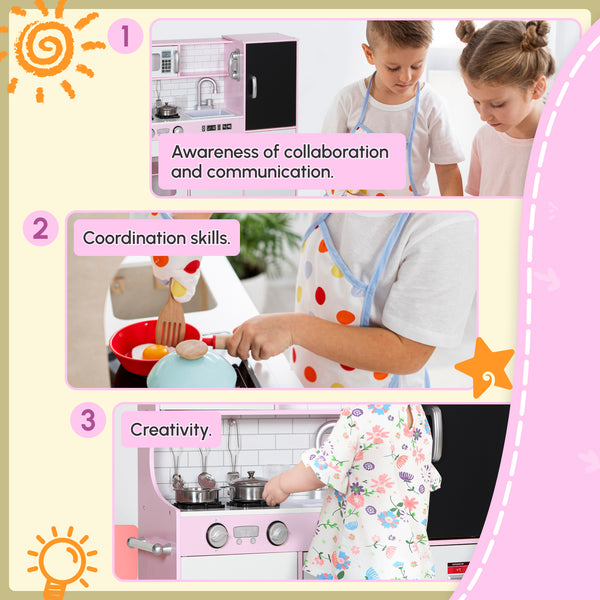 Cuisine enfant avec tableau noir, machine à glaçons, téléphone, évier et micro-ondes, rose
