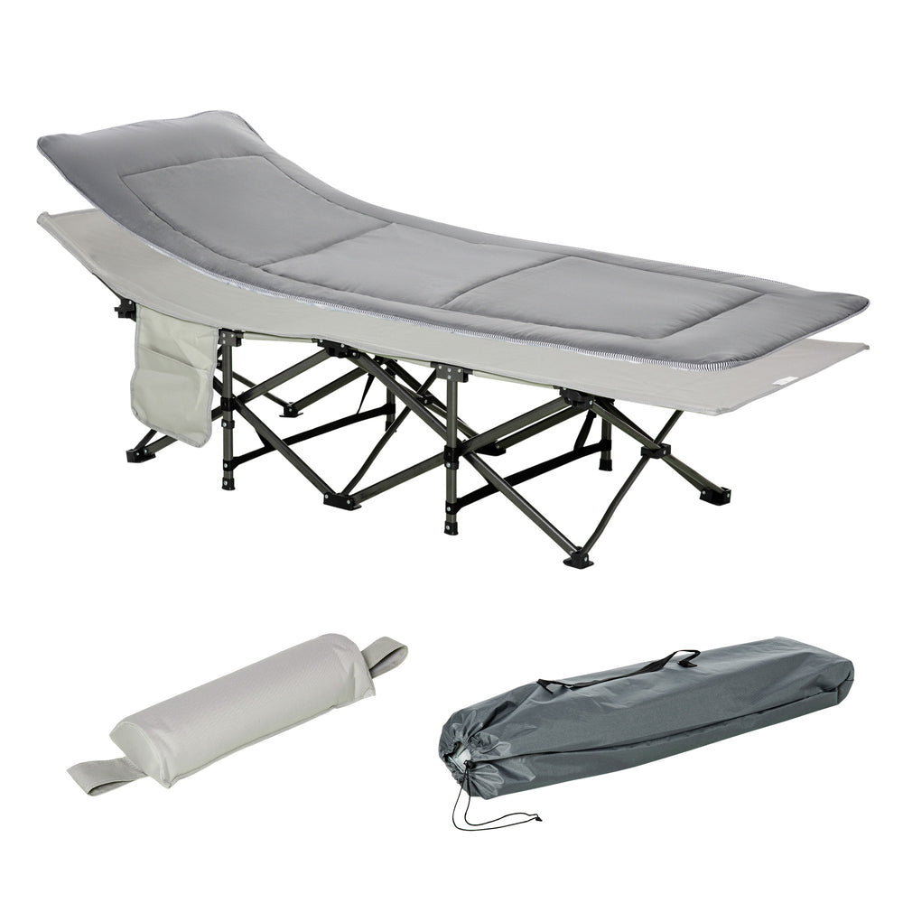Lit de camp pliant avec matelas et oreiller, gris clair