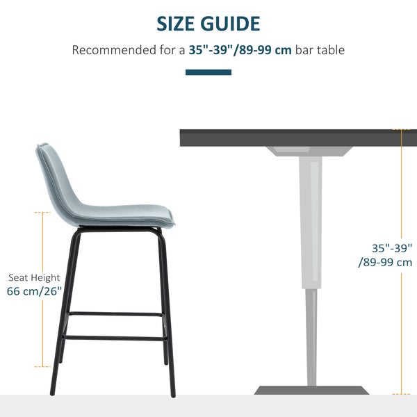Set of 2 counter height upholstered bar stools with steel legs, light grey