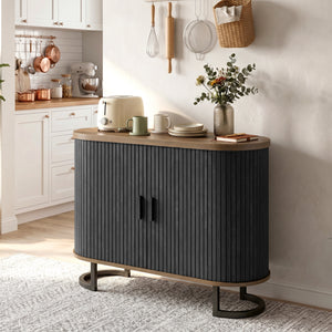 Sideboard Buffet Cabinet with Curved Tambour Doors, Thick Tabletop and Arc Metal Legs Brown and Black