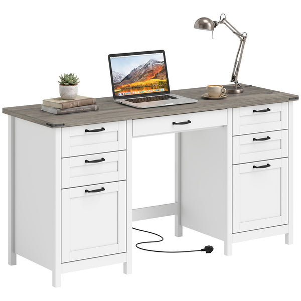 Computer Desk with Drawers Office Desk with 7 Drawers Charging Station Study Table 57" Brown White