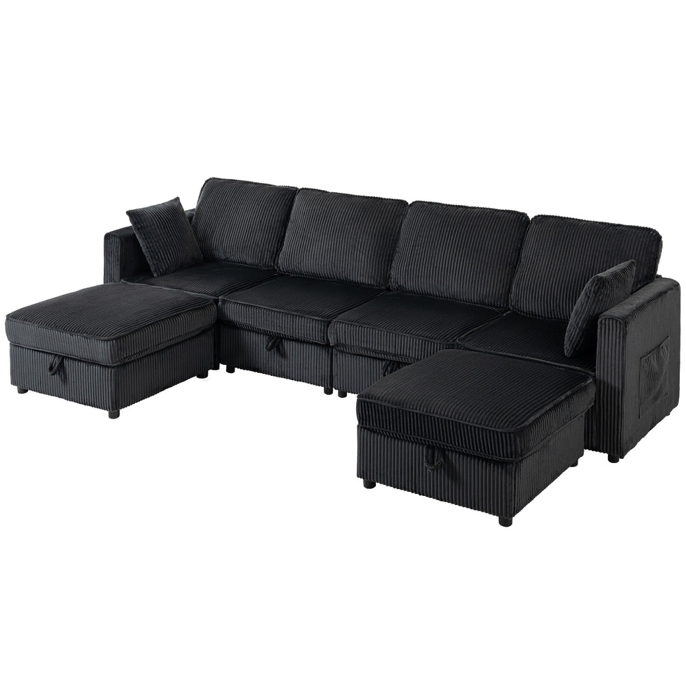 U-shaped corduroy sofa with double storage ottoman, under-seat storage, 4 cushions, dark grey