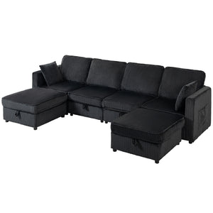 Canapé en velours côtelé en forme de U avec pouf de rangement double, rangement sous l'assise, 4 coussins, gris foncé