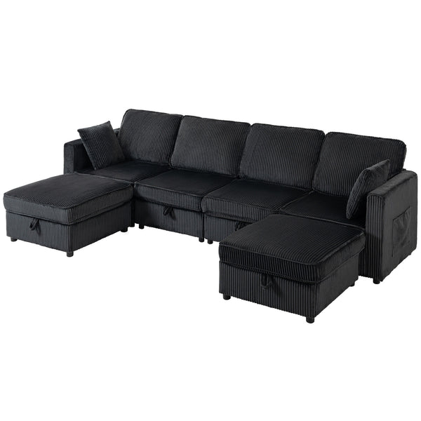 Canapé en velours côtelé en forme de U avec pouf de rangement double, rangement sous l'assise, 4 coussins, gris foncé