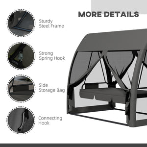3-Seater Outdoor Swing Chair Chaise Lounger Bed Garden Hammock with Steel Stand, Canopy Netting Walls, Dark Grey