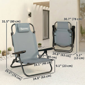 Set of 2 beach chairs, foldable and adjustable in 5 positions, with headrest and armrests, light gray.