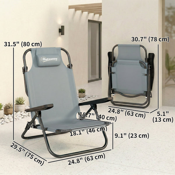 Set of 2 beach chairs, foldable and adjustable in 5 positions, with headrest and armrests, light gray.