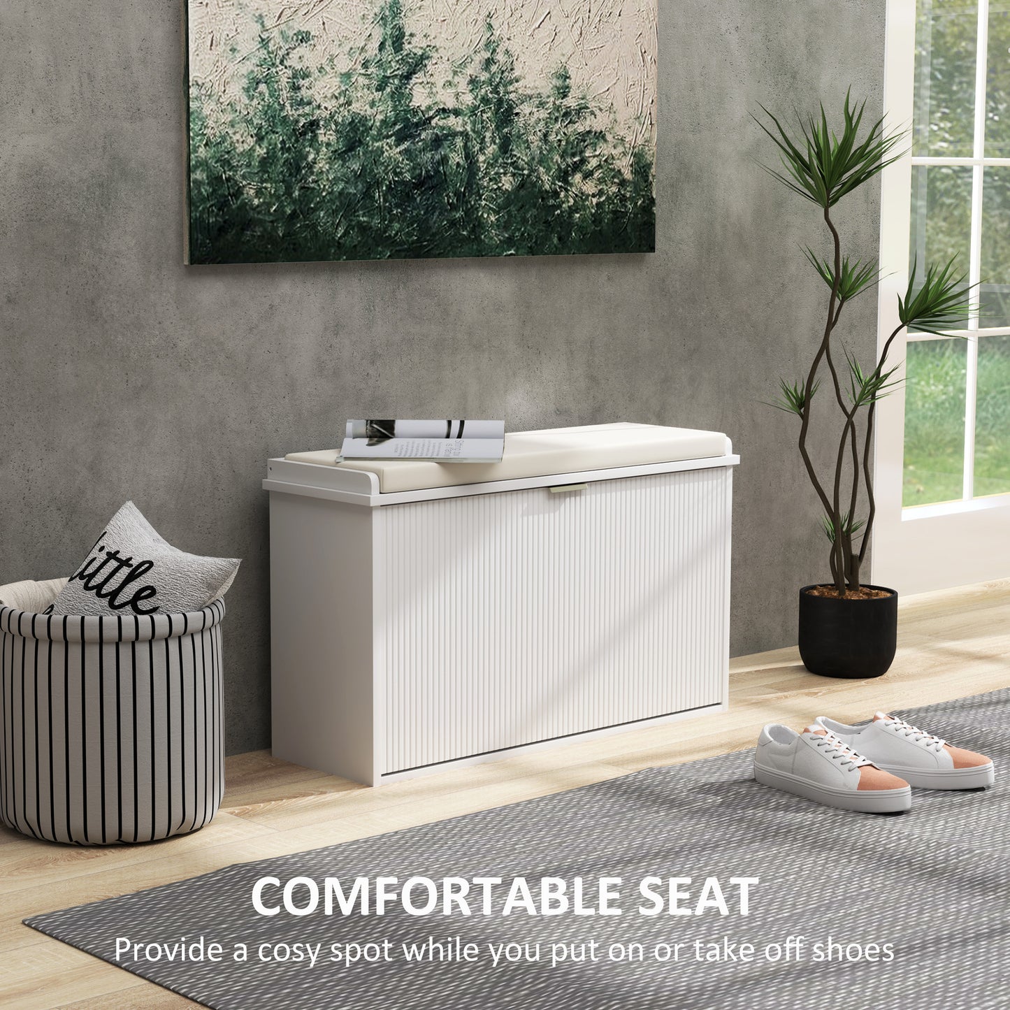HOMCOM Hallway Bench with Upholstered Seat and Drop-Down Drawers, Load Capacity up to 120 kg, Storage for 8 Pairs of Shoes, White