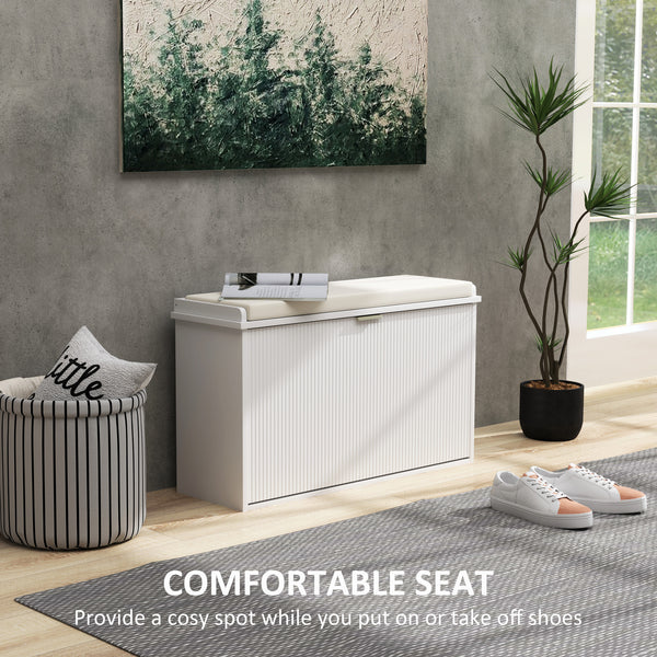 Banc d'entrée avec assise rembourrée et tiroirs rabattables avec rangement pour 8 paires de chaussures, blanc