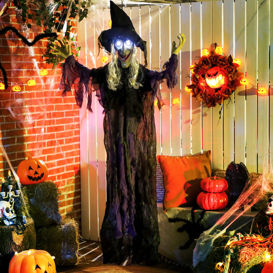 Sorcière animée grandeur nature à suspendre pour Halloween avec yeux LED lumineux,