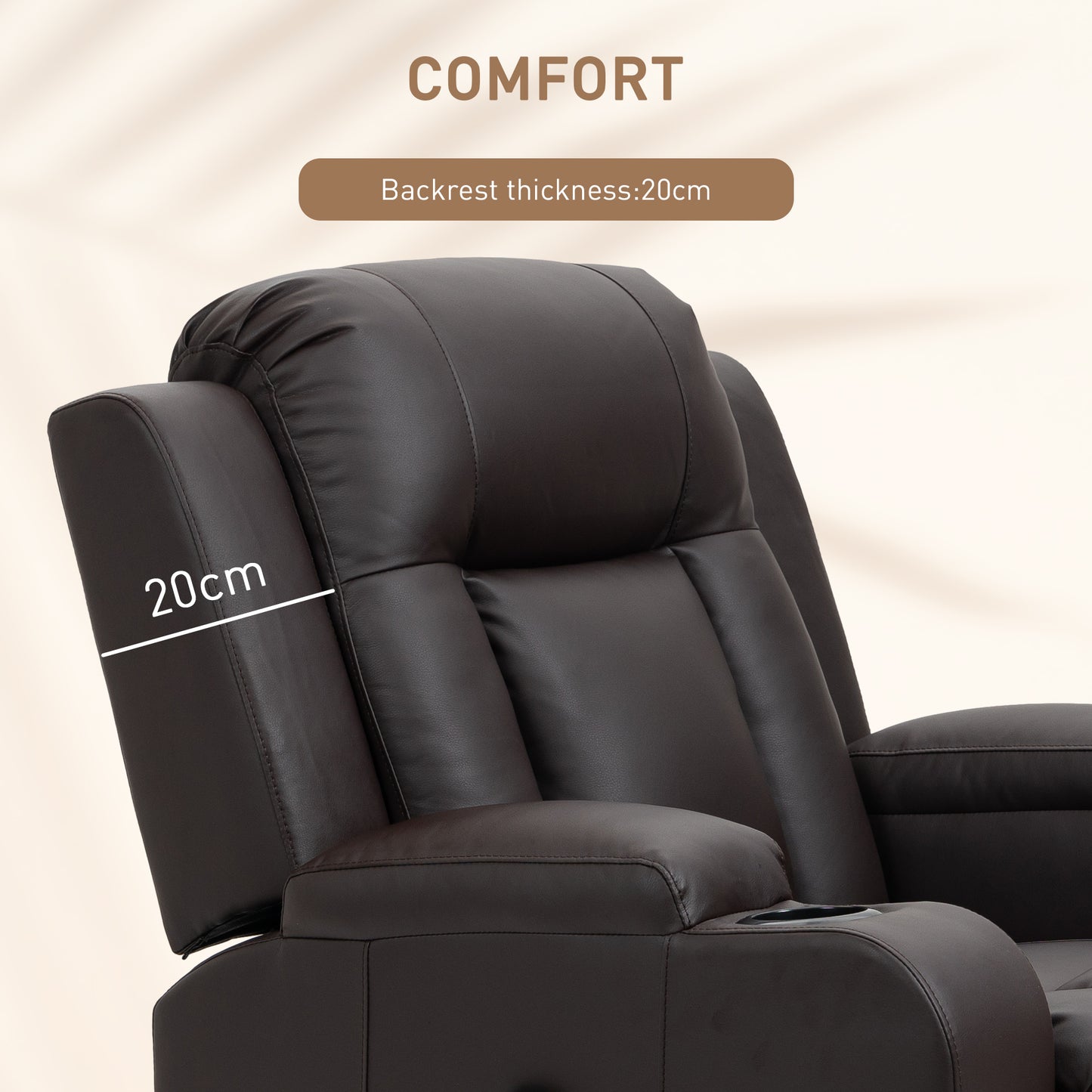 Fauteuil inclinable pivotant à 360° en cuir avec vibrations et porte-gobelets pour salon, marron