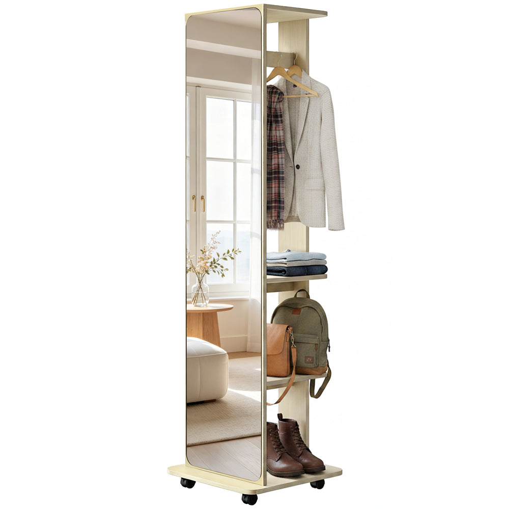 Miroir sur pied en verre trempé, monté sur roulettes, avec étagères de rangement et patères, en bois naturel.