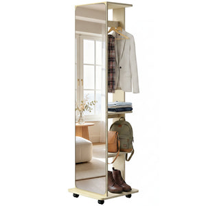 Miroir sur pied en verre trempé, monté sur roulettes, avec étagères de rangement et patères, en bois naturel.