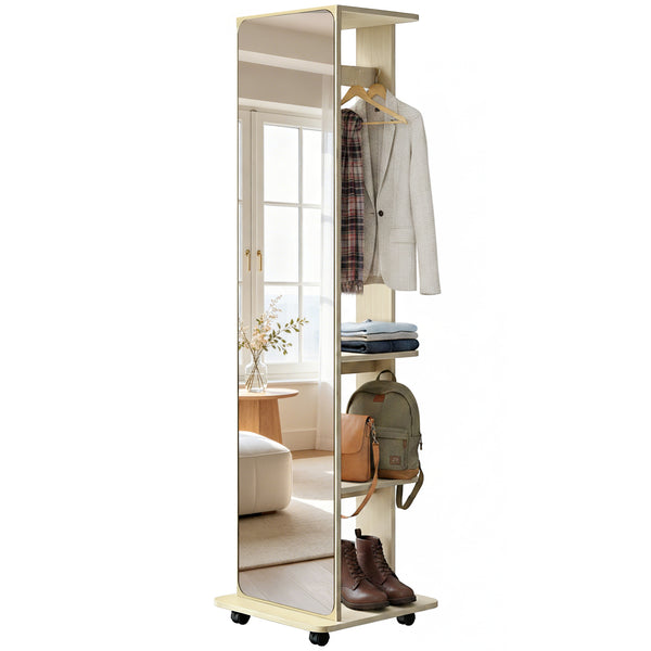 Miroir sur pied en verre trempé, monté sur roulettes, avec étagères de rangement et patères, en bois naturel.