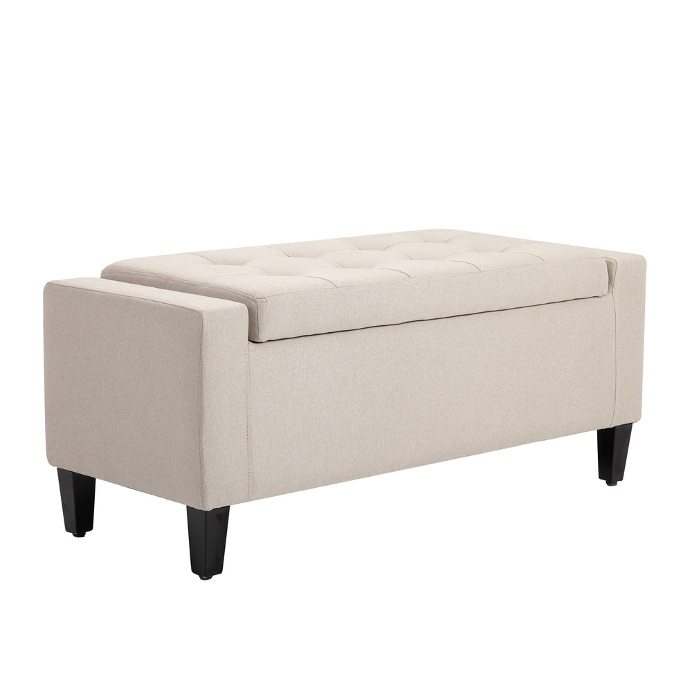 Banc ottoman de rangement capitonné en tissu toucher lin avec plateau rabattable, beige