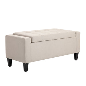 Banc ottoman de rangement capitonné en tissu toucher lin avec plateau rabattable, beige