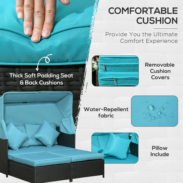 Patio Daybed, Outdoor Wicker Double Daybed, PE Rattan Sun Lounger for 2-Person with Cushions, and Foldable Awning, for Garden, Balcony, Poolside, Green