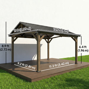 Toit de jardin rigide avec toit en métal galvanisé, structure en bois de sapin et crochet central pour terrasse, noir et gris