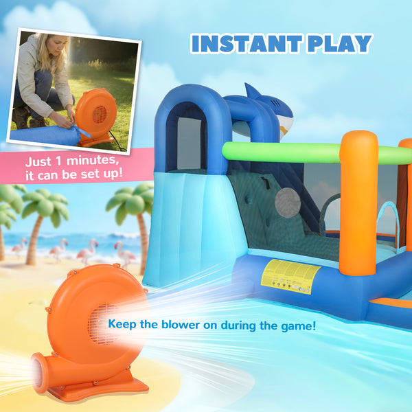 Château gonflable pour enfants, thème requins, avec toboggan et piscine, pour intérieur et extérieur, bleu