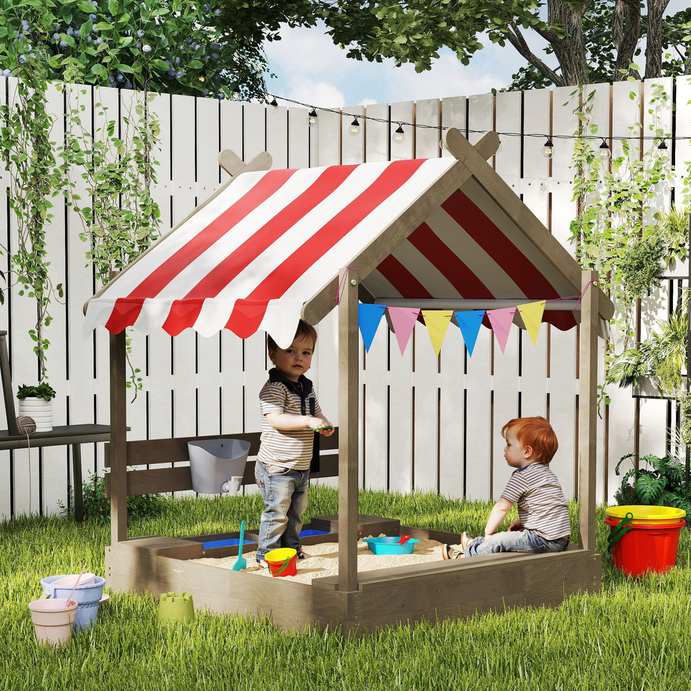 Outdoor Wooden Sandbox with Cover for 3-7 Years Old, Backyard, Grey