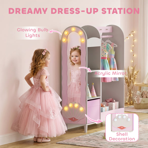Qaba Kids Clothing Rack, Kids Wardrobe with Light-Up Mirror, Non-Woven Drawer and Shelves for Bedroom, Ages 3-8, Pink
