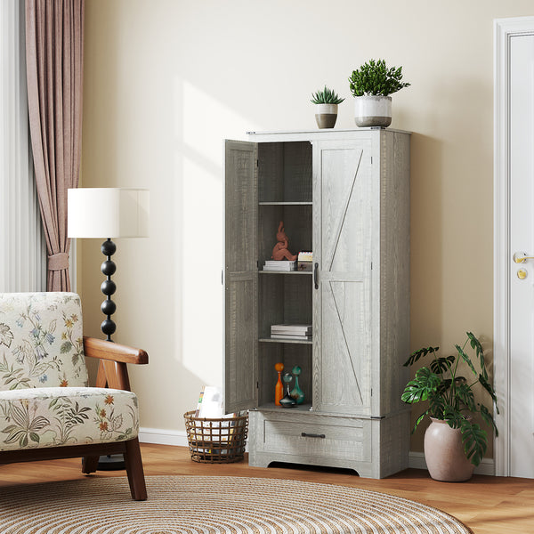 Armoire de cuisine style campagnard avec étagères réglables, armoire de cuisine à 2 portes, gris clair vieilli