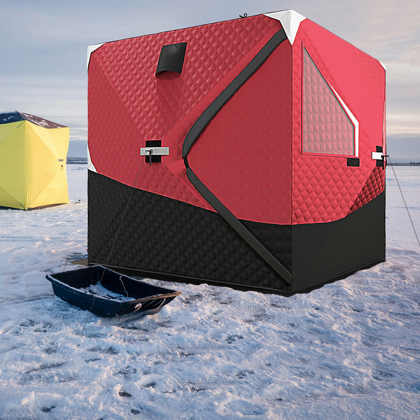 Insulated ice fishing shelter for 3 to 4 people, foldable, with oversized doors, windows, vents and carrying bag, for low temperatures down to -30 ℃.