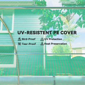 Heated tunnel greenhouse for plants with shade netting and roll-up mesh side walls