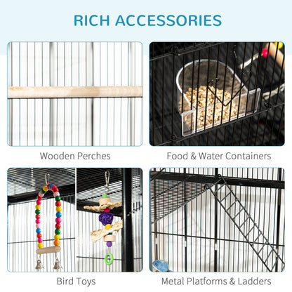 Cage à oiseaux avec roulettes, perchoirs, rampe, étagère de rangement, jouets pour canaris, pinsons, calopsittes et perruches, noire
