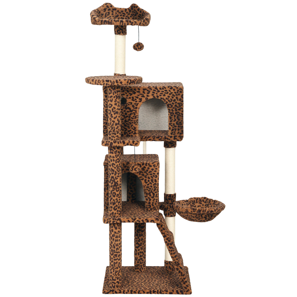 Arbre à chat de 160 cm avec griffoirs en sisal, cabanes, perchoirs moelleux, hamac, imprimé léopard