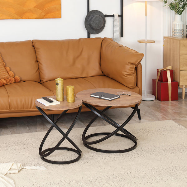 Table d'appoint industrielle avec plateau rond, cadre en acier, marron clair