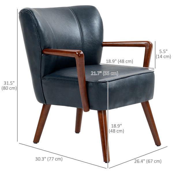 Fauteuil d'appoint rembourré en similicuir avec pieds en bois, bleu